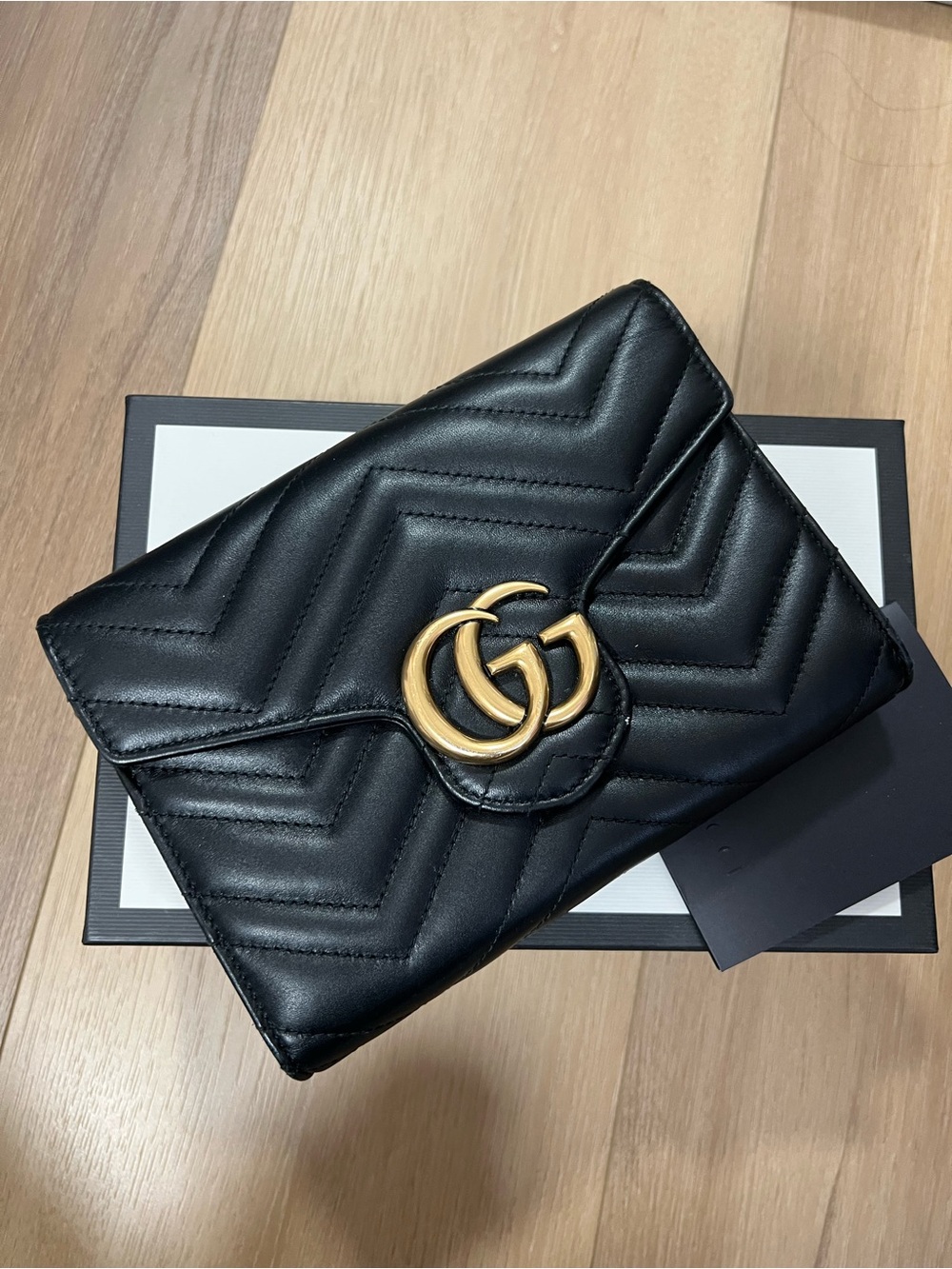 Gucci Black Chevron Quilted Leather Clutch with Gold Double G